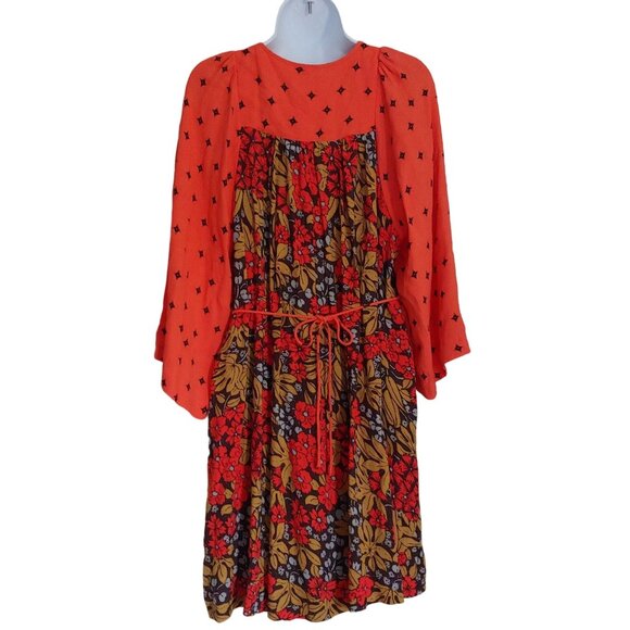 Free People Tallula Poppy Orange Floral Bell Sleeve Deep Pockets Mini Dress M - Picture 3 of 15